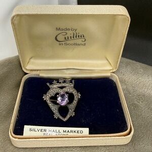 Vintage Sterling Silver Scottish Brooch Celtic Cuillin Purple Rhinestone Crown